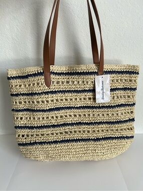 Tommy Bahama Natural Straw Tote with Navy Stripes and Brown Handles